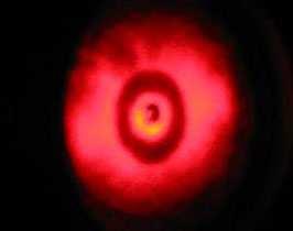 The return reflection displays a shadow of the black ring within a soft red patch of laser light on the the paper mask on your barlow or Paracor.