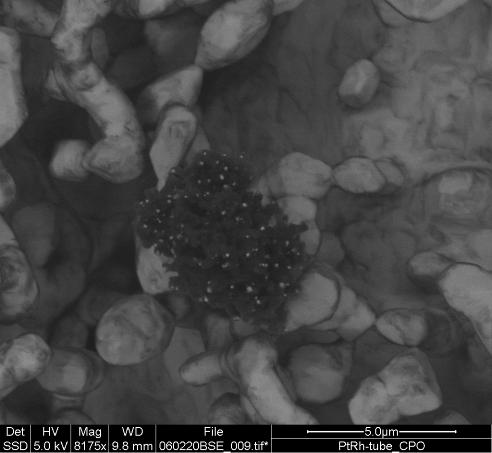 Surface Studies SEM image of area 4b hot outgas zone: -Pt/Rhcrystals - Carbon coverage Carbon formation Pt and Rh