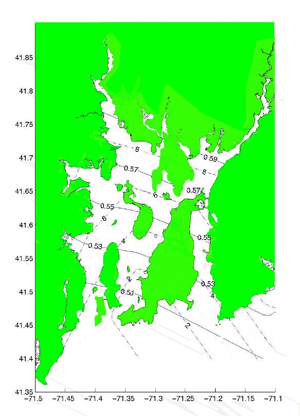corresponding section-averaged tidal currents of 20.3 cm/s and 4.6 cm/s (or a 5:1 ratio), using current measurements from single moorings only.