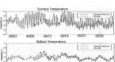 Figure 2.12. Observed (solid) surface (upper panel) and bottom (lower panel) temperature series at Brayton Point mooring station (Station 9 in Figure 2.2) for August 1997.
