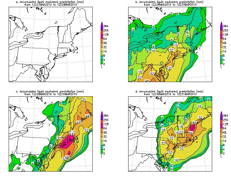 Figure 2. As in Figure 1 except showing the 24-hour precipitation ending at a) 1200 UTC 28 March, b) 1200 UTC 29 March 2010, c) 1200 UTC 30 March and d) 1200 UTC 31 March 2010. data.
