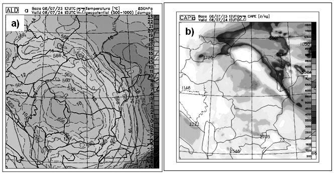 This slow activity led to a strong advection of warm air in eastern Romania, as it can be noticed in the 850-hPa Temperature field and in the relative field (500-1000) from the ALADIN model (fig.4a).