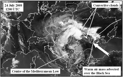Fenomene i procese climatice de risc is useful for observing the air mass type. The front-related clouds from the frontal analysis (fig.2) can also be noticed in the satellite images from fig.
