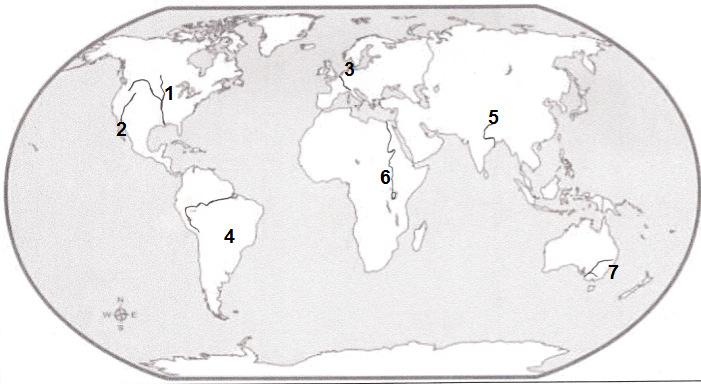 18. Map 2 is showing some important rivers of the world. Complete the table below with the rivers name and the continent in which each river is located.