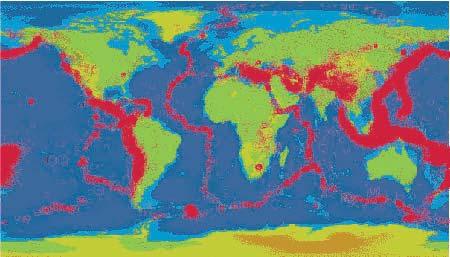 (c) Study Fig. 10 which shows the global distribution of earthquakes. Each red dot is the epicentre of an earthquake. Answer the questions which follow.