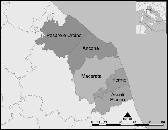 Figure 1: Thermal comfort index. Figure 2: Map of the Marche Region, Italy. To analyse the PPD index, a program written in Wolfram Mathematica was implemented.