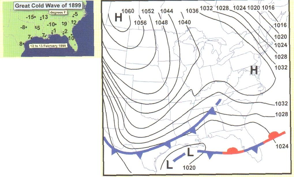 Arctic Outbreak of February 1899 Outbreak covered 2/3 of US Sub-freeeing in Miami Snow in Ft.