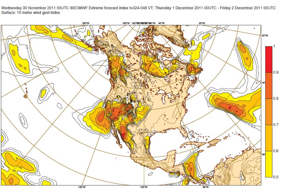 1-2 December 2011 from forecasts issued at 0000 UTC 1 December (upper) and 30
