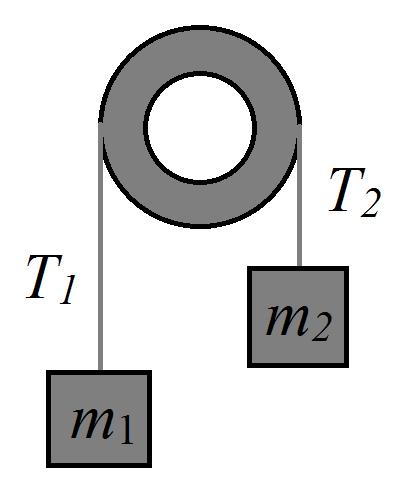 Two blocks are connected via a massless rope hanging over a frictionless pulley as shown. Their masses are m 1 = 3 kg and m = 5 kg. The tension in the rope is denoted as T 1 and T.
