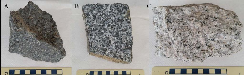 Figure 3.2 Examples of igneous rocks from the mafic (A), intermediate (B), and felsic (C) rock compositions. Photo scale on bottom is in centimeters. Source: Karen Tefend (2015) CC BY-SA 3.