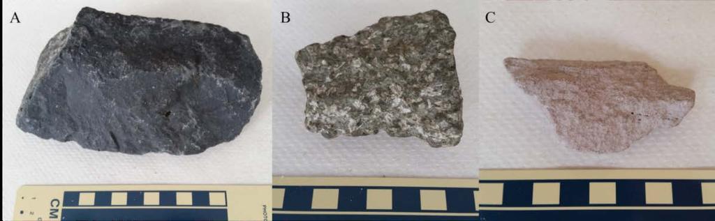 Identification of the minerals can be difficult in rocks such as in Figure 3.2A, as the majority of minerals are dark in colour and it can be difficult to distinguish each mineral.