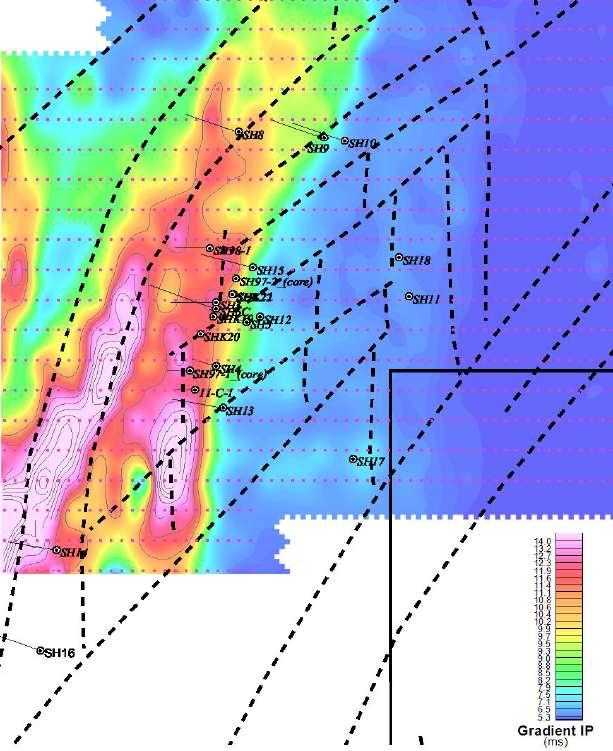 Interpretation with historical drill hole locations shown 200 m Chargeability anomalies