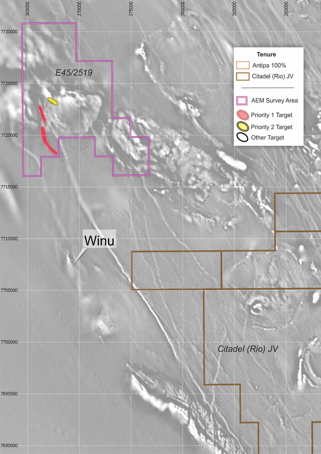 Figure 4c (Inset 3): Plan view showing northern portion of 2018 AEM survey area with deposit and prospect locations and ranked EM targets including target ID number (NB: Priority 1 and 2 AEM targets
