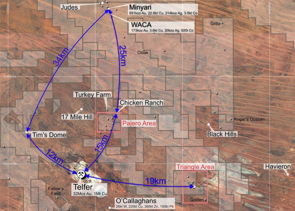 Figure 6: Satellite image showing location of the Minyari-WACA deposits and Mineral Resources, Tim s Dome, Chicken Ranch, Turkey Farm, Pajero and Triangle areas, Antipa 100% owned