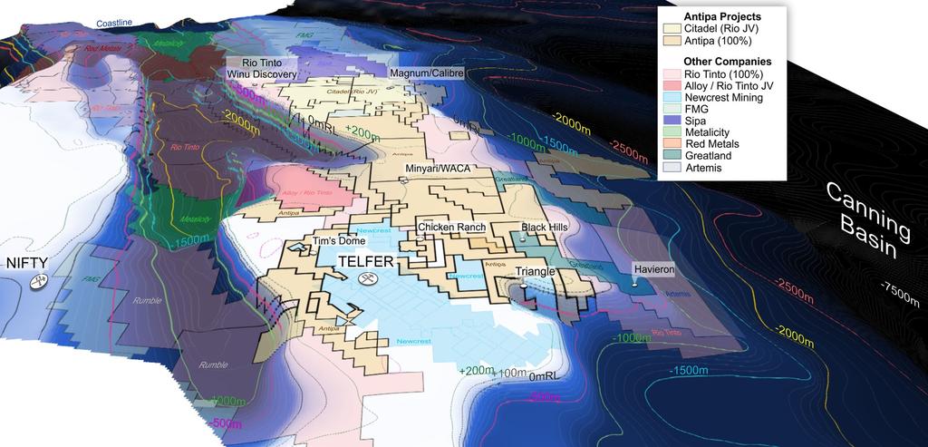 Figure 2: 3D-Perspective view looking northwest across the Paterson Province toward the WA coastline (and Indian Ocean); Highlighting Antipa s commanding shallowly covered exploration portfolio,
