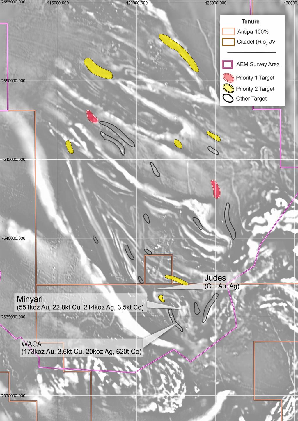 Figure 4a (Inset 1): Plan view showing southern portion of 2018 AEM survey area with deposit and prospect locations and EM targets including target ID number (NB: Priority 1 and 2 AEM targets to be