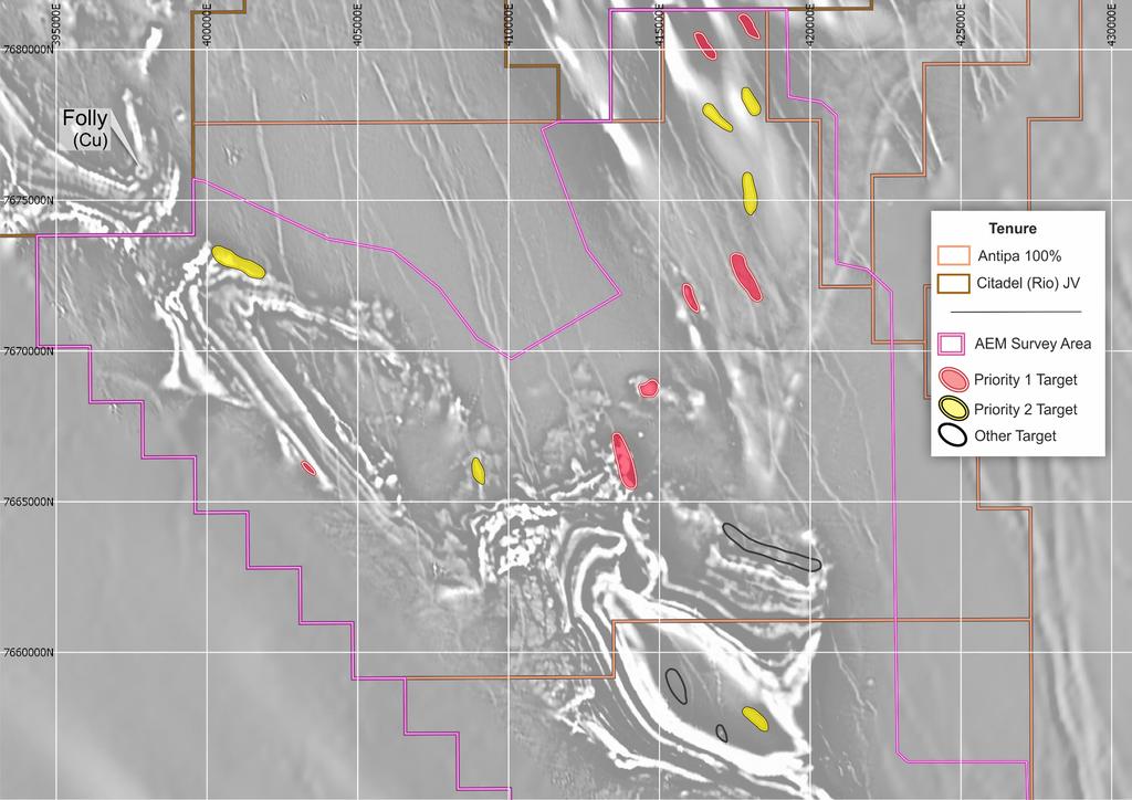 Figure 4b (Inset 2): Plan view showing northern portion of 2018 AEM survey area with deposit and prospect locations and EM targets including target ID number (NB: Priority 1 and 2 AEM targets to be