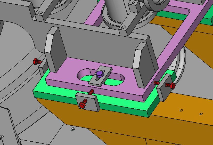 Figure 6: The bolts for aligning the beamline. The pink part slides over the green part. The purple bolt is for locking and the red ones for adjusting.