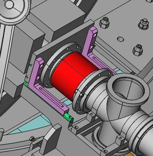 Figure 7: The pink bracket is attached to the downstream end of the target chamber. It sits on the green rail. The red piece is a bellow.