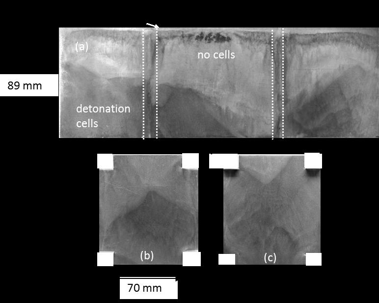 Figure 5.24: Soot foils for stoichiometric hydrogen-air with 69.9 mm orifice plates (test #296); a) wall foil b) bottom of horizontal foil, c) top of horizontal foil.