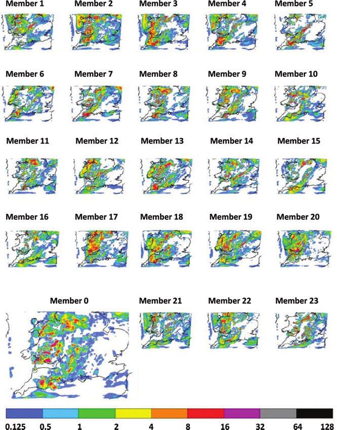 ENSEMBLE PREDICTION AT CONVECTIVE SCALE FOR NOWCASTING 481 Fig. 13. Ensemble forecasts of surface precipitation rate (in mmh 1 ) valid at 1200 UTC on 26 July 2007, for experiment C2E01.