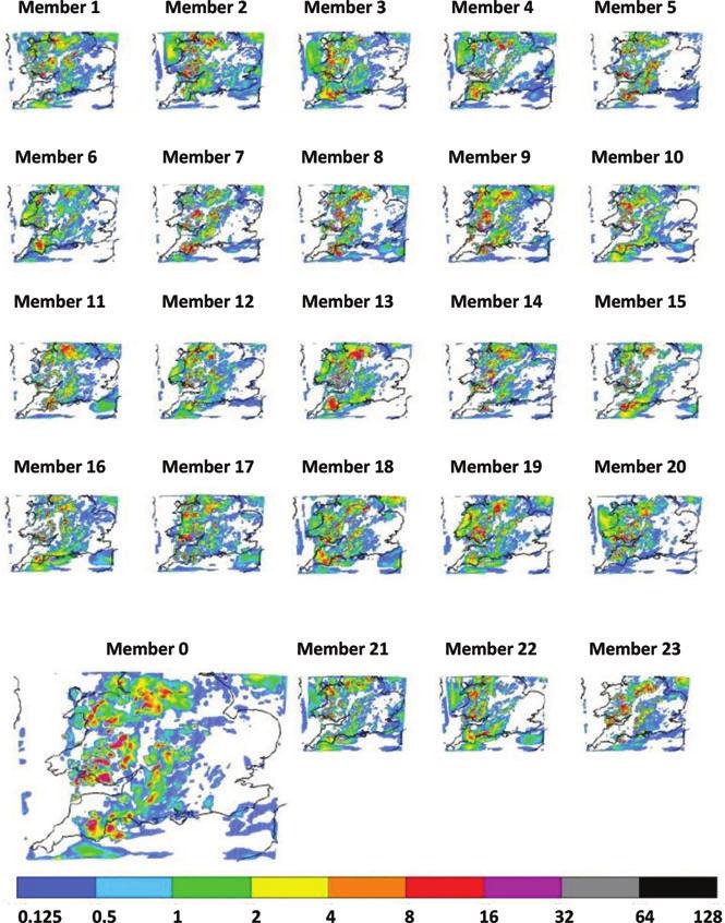 ENSEMBLE PREDICTION AT CONVECTIVE SCALE FOR NOWCASTING 487 Fig. 19. Ensemble forecasts of surface precipitation rate (in mmh 1 ) valid at 1200 UTC on 26 July 2007, for experiment C2E02.