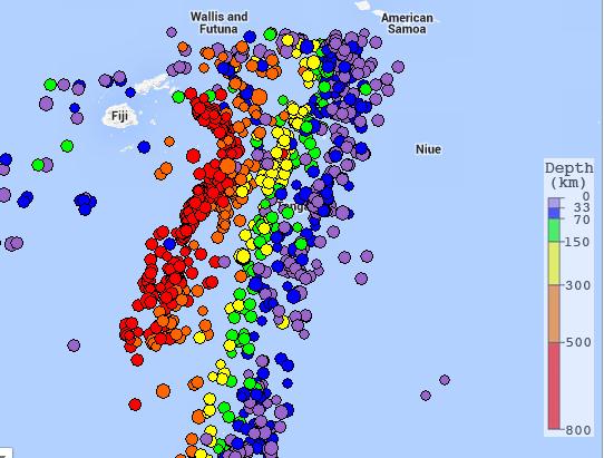 Regional historical seismicity in the northern Tonga Trench is shown on the map below with earthquakes color coded by depth.