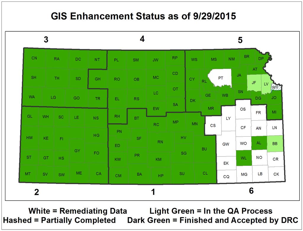 GIS Data Enhancement Status 85/105 counties have passed final QA and have been accepted by