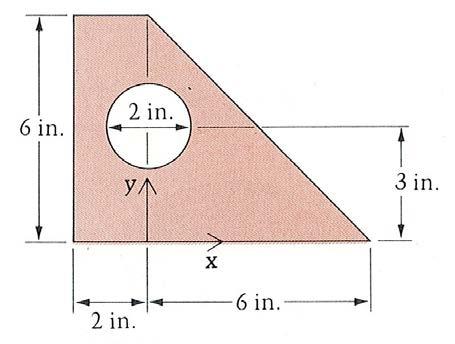 1C. Determine the x-centroid for the shaded area with respect to the x-y axis shown. If the 2-in diameter hole were filled in, how would the x-centroid qualitatively change?