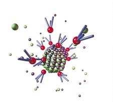 1 2 3 A chemical reaction brings together cadmium ions (purple), selenium ions (green) and organic molecules (red spheres with blue tails).