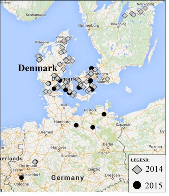 Figure 1. Monitoring locations from the two-year study in 2014 and 2015. In this map the locations of the two-year monitoring are shown.