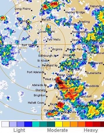 The Bureau s weather radar showed the storms, including the severe storm which produced hail and flooded some of the eastern suburbs, with over 20 millimetres falling in half an hour.