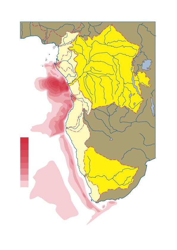 Integrated study of passive margins «source-to-sink» Watershed - depocentre relationship Angola: thick and focused deposits extensive continental watershed Africa SW: