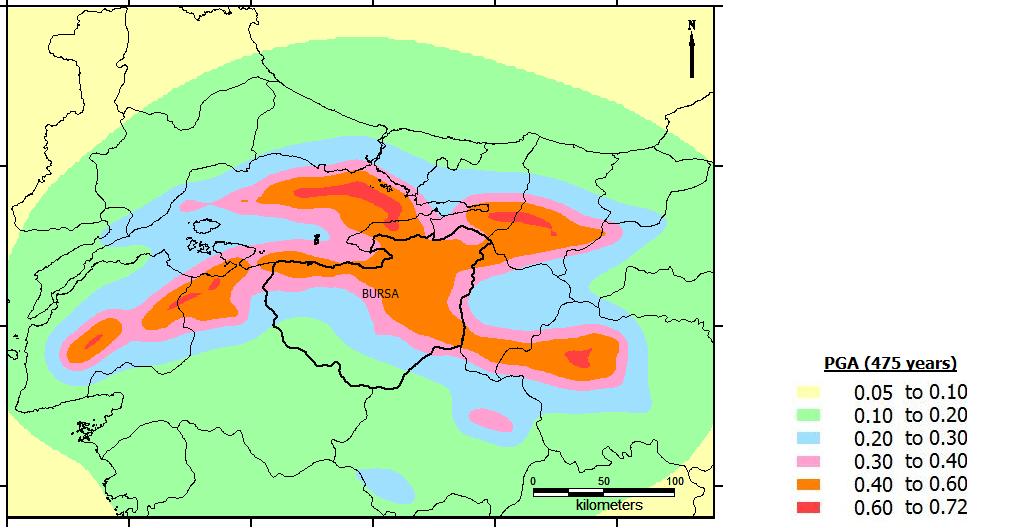 Seismic Hazard Map Obtained for PGA (in g) Corresponding to Return Period of 475 Years (10% Probability of Exceedance in 50