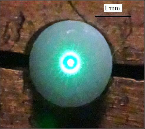 Fiber-coupled liquid crystal system, I Third harmonic generation in LC droplet at the end face of an optical fiber. The source is a femtosecond laser beam with λ=1560 nm.