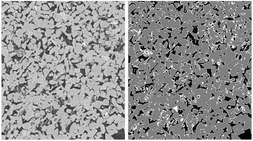 SCA2012-18 4/12 microporosity, ). In this case, we obtained computed micro-porosity between 50 and 75% for sample 1 and between 57% and 90% for sample 2. Figure 3: Example of segmentation process.