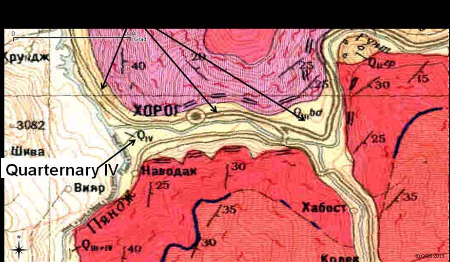 Figure 3: Surface geology around Khorog. The river valleys (yellow) are filled with Quaternary sediments.