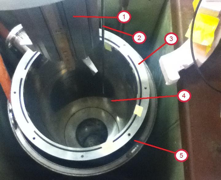 Figure 3-14: Picture of the dewar and 2 T magnet. References: (1) magnet; (2) liquid helium feed line; (3) dewar; (4) inner volume of the dewar; (5) outer volume of the dewar.