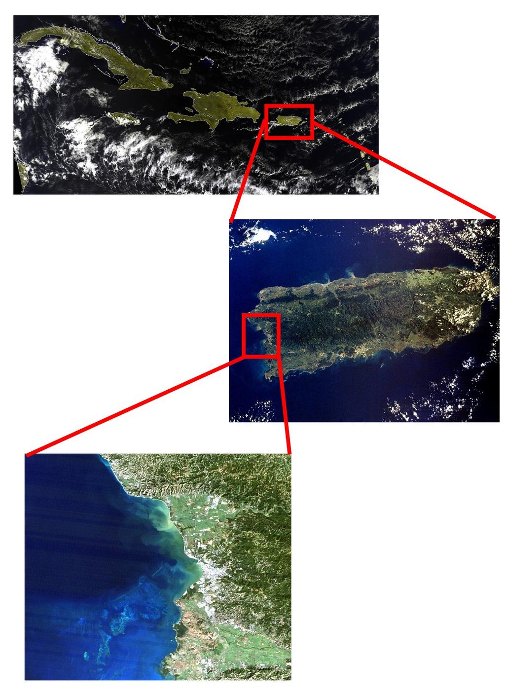 Figure 1: Location of study area: Mayagüez Bay, Puerto Rico (images provided by the GERS Laboratory) A previous undergraduate research was performed to estimate suspended sediments using remote