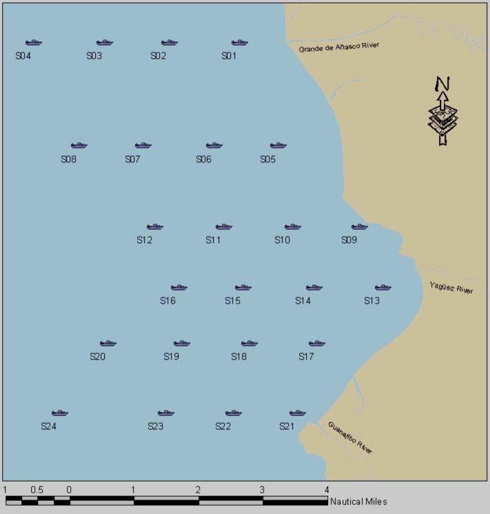 Figure 5: Location of sampling stations throughout Mayagüez Bay. Table 1: Locations and dates of sampling stations Station Number Station Name Latitude Longitude 1 S1, A1* 18 o 16.00 67 o 12.