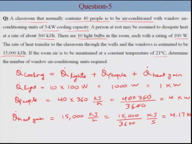 (Refer Slide Time: 15:45) Moving to the next question which is completely based on energy balanced classroom that normally contains 40 people is to be air conditioned with window air conditioning