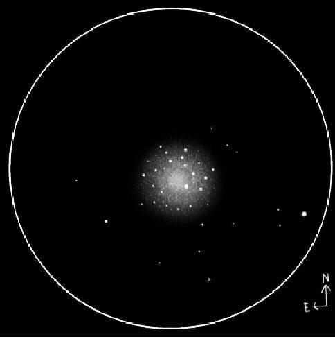 Under rural conditions, the view changes dramatically as the globular cluster becomes fairly well resolved from the edges and displays a slightly