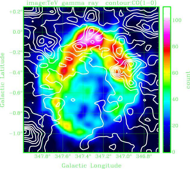 RXJ1713/ G347.3 : TeV Gamma vs 12CO(J=1-0) Map of J1713.7 3946 Image: TeV gamma ray by H.E.S.