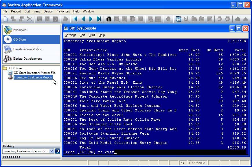 17. Click the close box to close this program. 18. To run your custom program (inventory.src), select Inventory Value Report from the CD Store menu.
