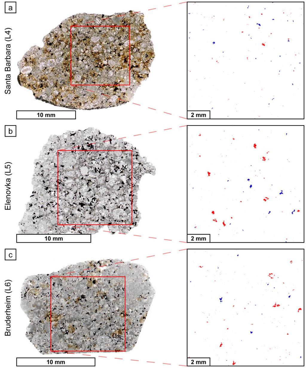 Page of 0 0 0 0 0 0 Fig.. Thin sections of samples studied: images on the left are flat-bed optical scans of (a) Santa Barbara (L), (b) Elenovka (L), (c) Bruderheim (L).