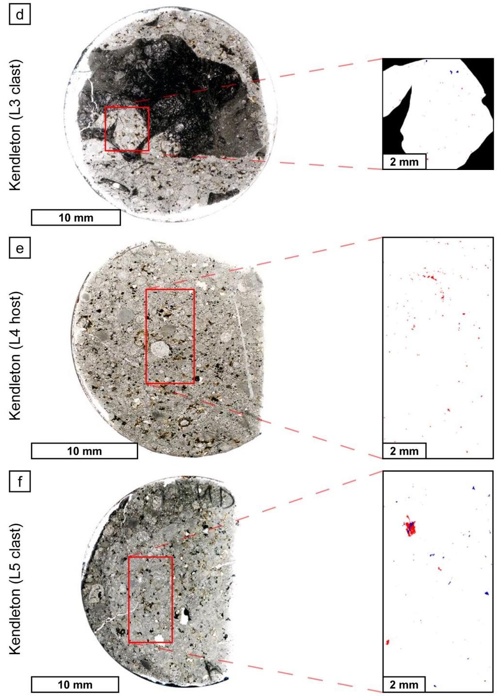 Page of 0 0 0 0 0 0 Fig. (cont.). Thin sections of samples studied: images on the left are flat-bed optical scans the L regolith breccia Kendleton s (d) L clast, (e) L host, (f) L clast.