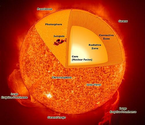The sun s structure composes of the core, the radiation zone, the convective zone, the photosphere, the reversing layer, the chromosphere and the corona.