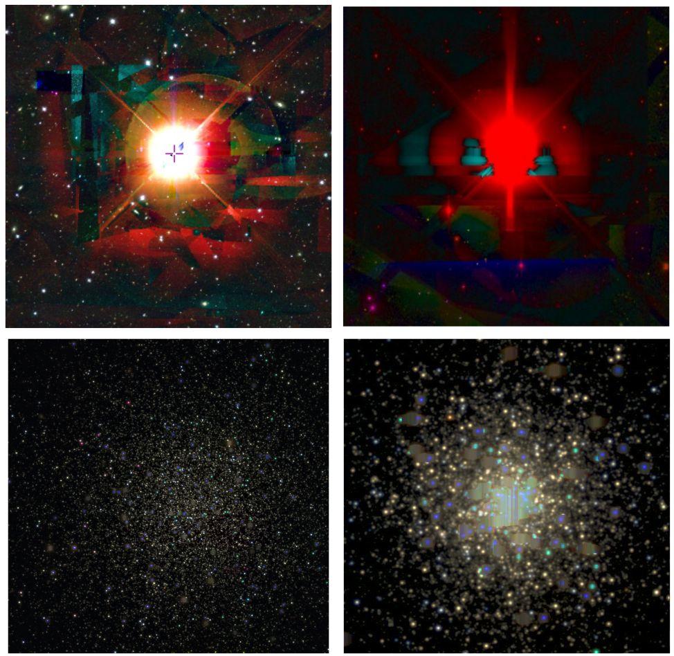 Known Issues: Bright Objects Examples of very bright stars, R Dor (30' cutout; top left) and α Phe (14' cutout; top right) and