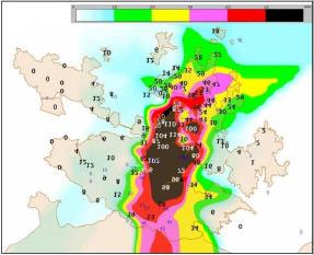 thunderstorm cell has become more electrically active or not. Figure 12 Rainfall distribution over Hong Kong from 1730 to 1830HKT on 22 July 2010.