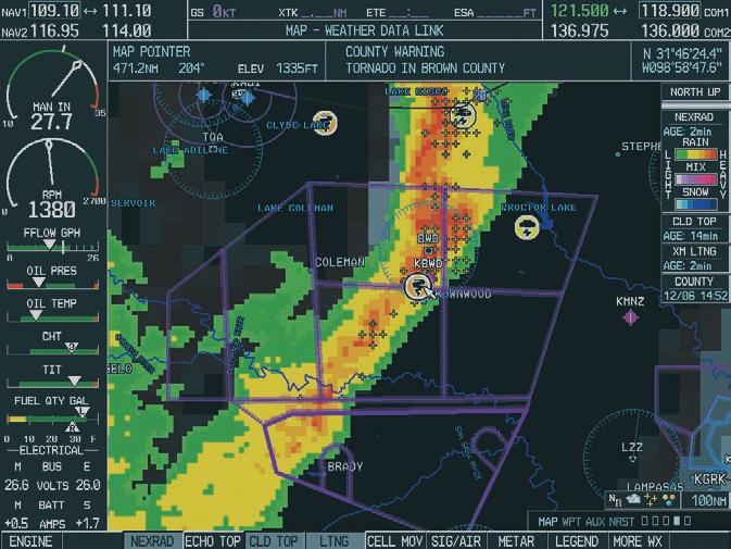 To display information for selected weather products: 1. Push in the joystick to display the panning arrow. 2. Move the joystick to place the panning arrow on AIRMETs, TFRs, METARs or SIGMETs.